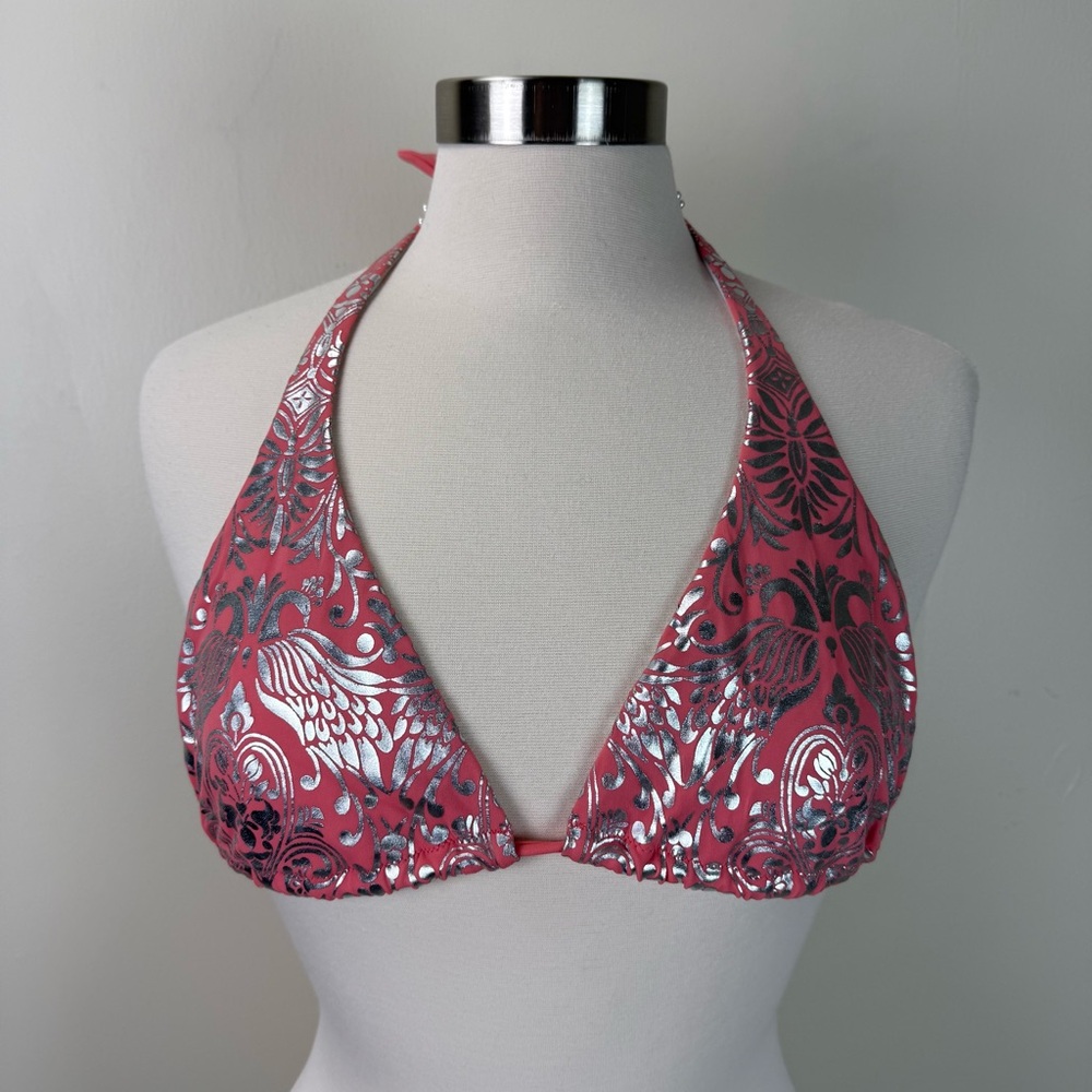 Victoria' Secret Pink and Silver Foil Halter String Bikini Top Size Large